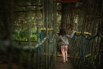 young asian kid playing on outdoor playground in nature crossing hanging bridge