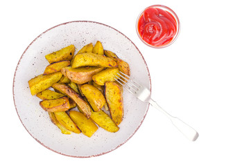 Baked potato wedges on plate isolated on white background