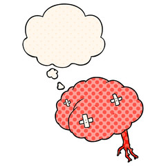 cartoon injured brain and thought bubble in comic book style