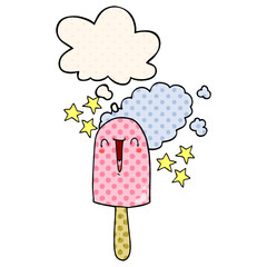 cute cartoon ice lolly and thought bubble in comic book style