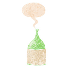 cartoon bottle and speech bubble in retro textured style