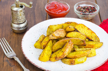 Baked potato wedges with country style herbs on plate