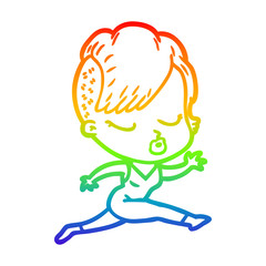 Fototapeta premium rainbow gradient line drawing cartoon pretty hipster girl