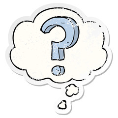 cartoon question mark and thought bubble as a distressed worn sticker