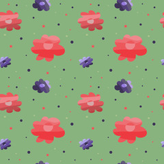 Seamless pattern with flowers  in red and purple colors on green background