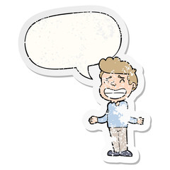 cartoon boy shrugging and speech bubble distressed sticker