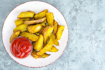 Ruddy golden potato slices in plate on table.