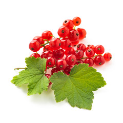 red currant with green leaves isolated on white background