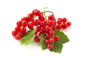 red currant with green leaves isolated on white background
