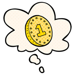 cartoon coin and thought bubble in comic book style
