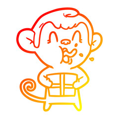 warm gradient line drawing crazy cartoon monkey with christmas present
