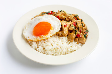 Rice topped with stir-fried chicken and holy basil, fried egg