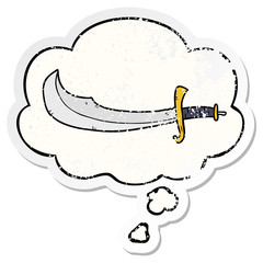 cartoon scimitar and thought bubble as a distressed worn sticker