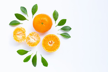 Fresh orange citrus fruit with leaves on white background. Juicy, sweet and high vitamin C