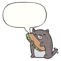 cartoon cat loving the amazing sandwich he's just made for lunch and speech bubble