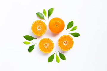 Fresh orange citrus fruit with leaves on white background. Juicy, sweet and high vitamin C