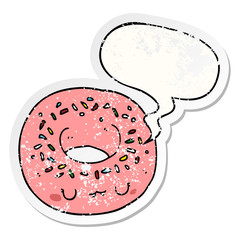 cartoon donut and speech bubble distressed sticker
