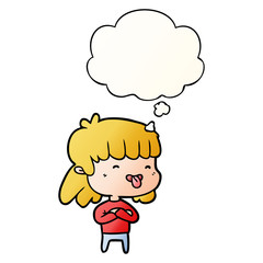 cartoon girl sticking out tongue and thought bubble in smooth gradient style