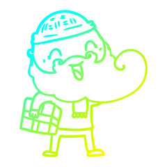 cold gradient line drawing happy bearded man holding christmas present