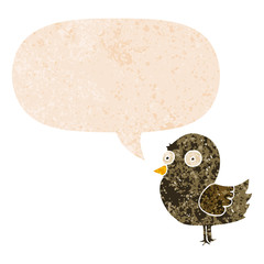 cartoon bird and speech bubble in retro textured style