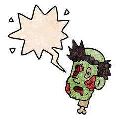 cartoon zombie head and speech bubble in retro texture style
