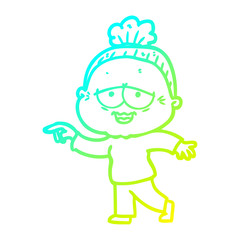 cold gradient line drawing cartoon happy old lady