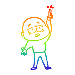 rainbow gradient line drawing cartoon tired bald man with idea