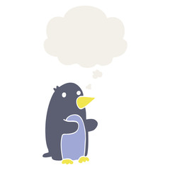 cartoon penguin and thought bubble in retro style