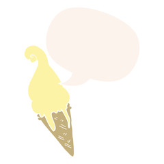 cartoon ice cream and speech bubble in retro style