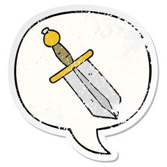 cartoon dagger and speech bubble distressed sticker