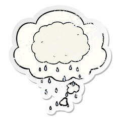 cartoon rain cloud and thought bubble as a distressed worn sticker