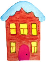 Winter cartoon house . watercolor illustration of hand drawing on a white background for the design of posters,