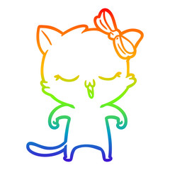 rainbow gradient line drawing cartoon cat with bow on head