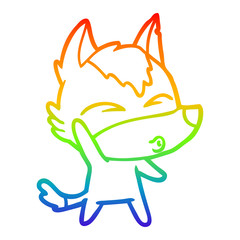 rainbow gradient line drawing cartoon waving wolf whistling