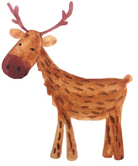 funny cartoon new year deer. watercolor hand drawing illustrative for design of postcards, posters and prints