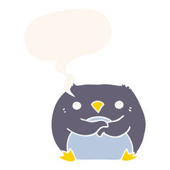 cartoon penguin and speech bubble in retro style