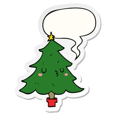 cute cartoon christmas tree and speech bubble sticker