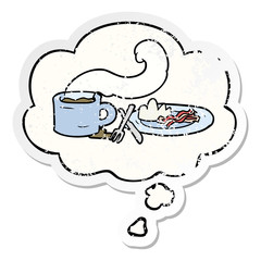 cartoon breakfast and thought bubble as a distressed worn sticker