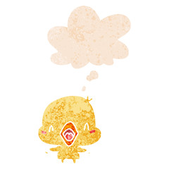 cartoon happy bird and thought bubble in retro textured style