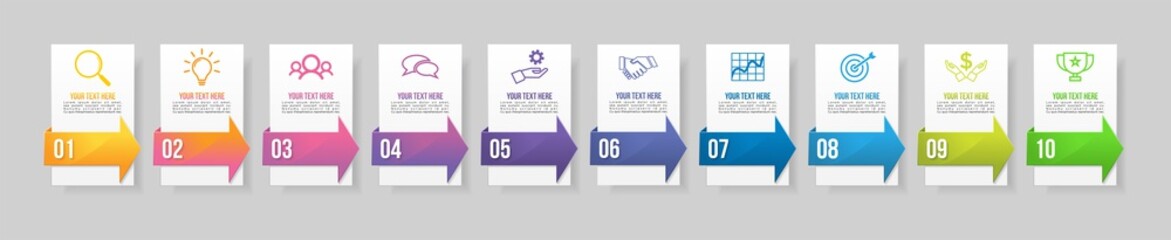 Vector Infographic Design Template with 10 Options Steps and Marketing Icons. Business Data Visualization can be used for info graph, presentations, process, diagrams, annual reports, workflow layout