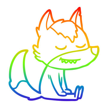 recommend clip art: rainbow gradient line drawing friendly cartoon wolf sitting down