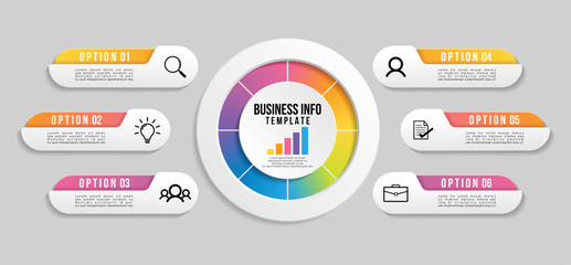 Vector Infographic Design Template with 6 Options Steps and Marketing Icons. Business Data Visualization can be used for info graph, presentations, process, diagrams, annual reports, workflow layout