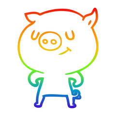rainbow gradient line drawing happy cartoon pig