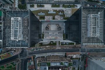 Aerial view from above Suzhou River in the dawn, on a cloudy day, Shanghai city, China
