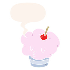 funny cartoon cupcake and speech bubble in retro style