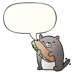 cartoon cat loving the amazing sandwich he's just made for lunch and speech bubble in smooth gradient style