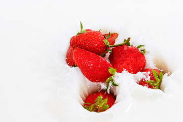 Red natural ripe strawberries falling into milk cream