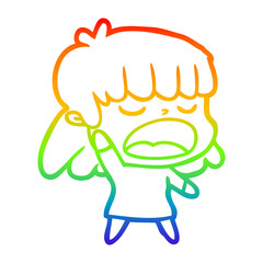 rainbow gradient line drawing cartoon woman talking loudly