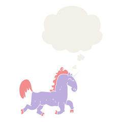 cartoon unicorn and thought bubble in retro style