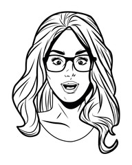 young woman face avatar cartoon in black and white pop art